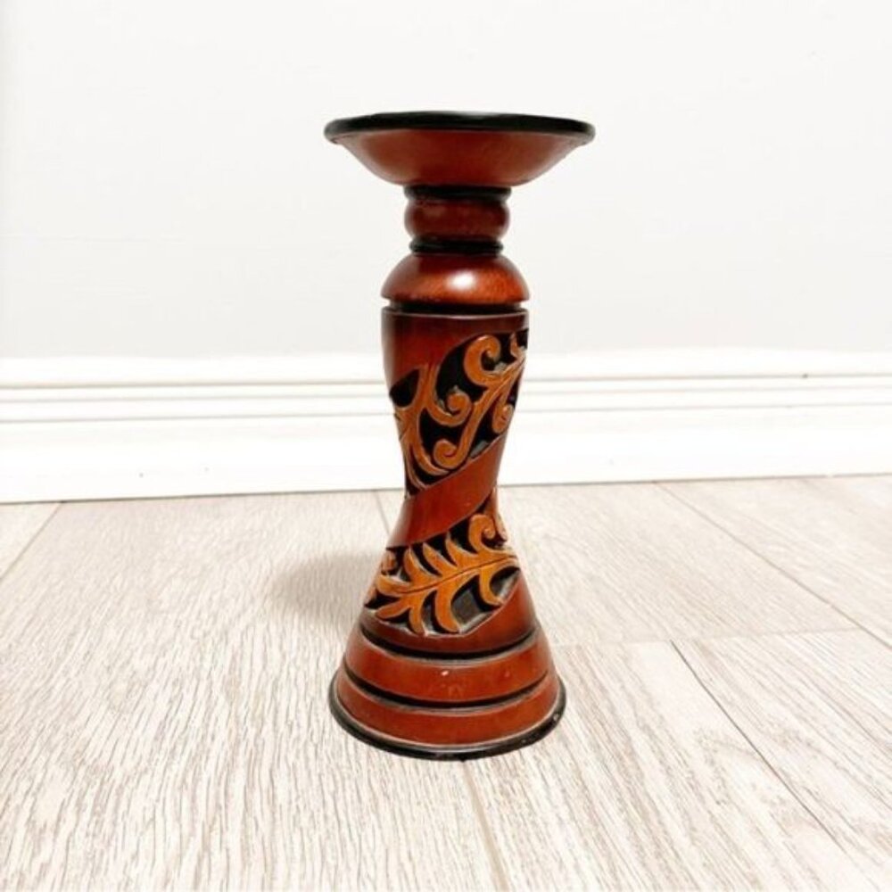 Vintage Wooden Hand Carved Floral Design Candle Holder